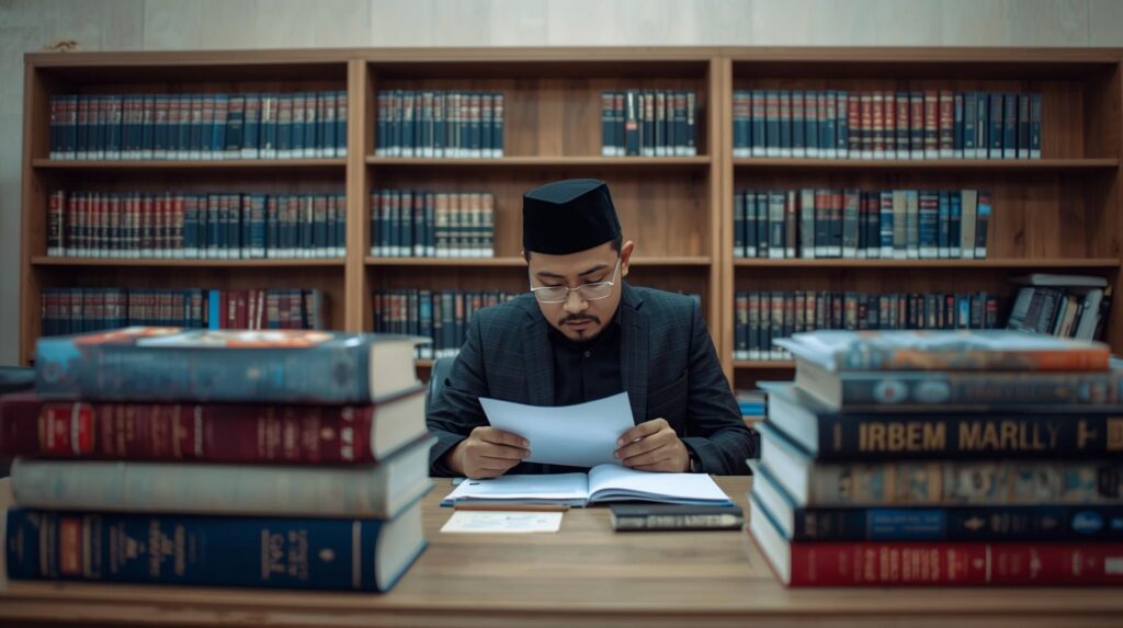 Ilustrasi dosen menyiapkan buku akademik dengan ISBN Indonesia untuk pengajuan PAK