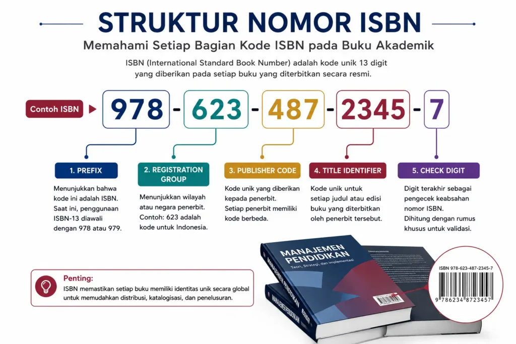 Struktur nomor ISBN pada buku beserta penjelasan setiap bagiannya.